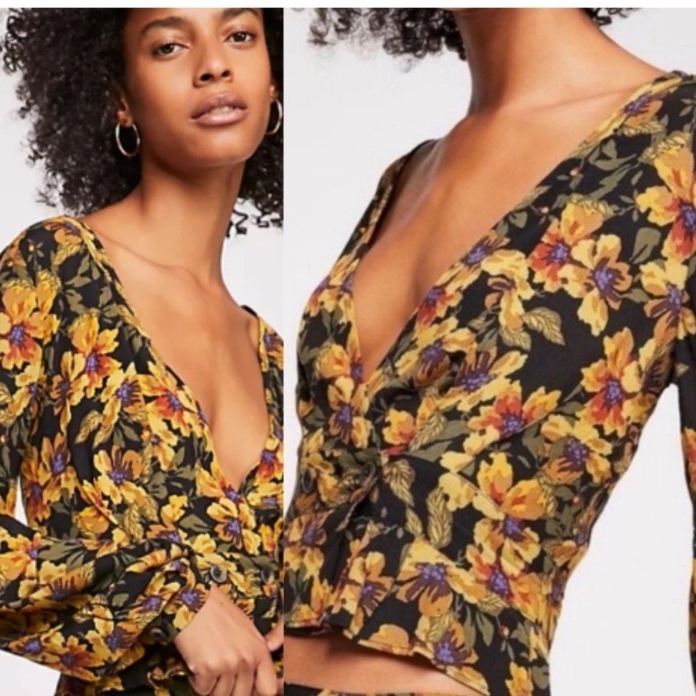 Free‎ People Floral V-Neck Crop Top Long Sleeve Button Waist Blouse Black 8